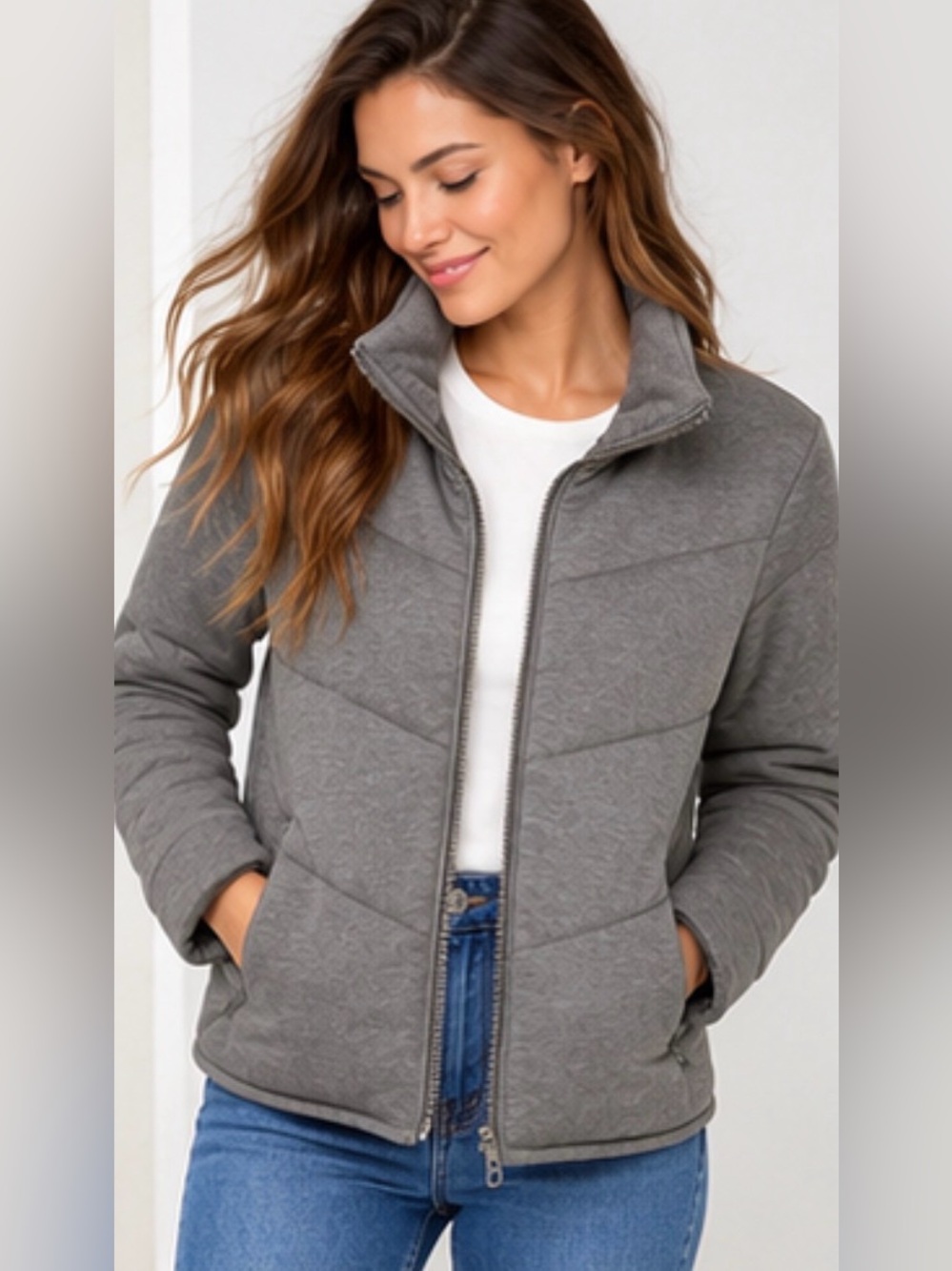 Three Dots Gray Quilted Puffer Jacket Women’s Small S Full Zip